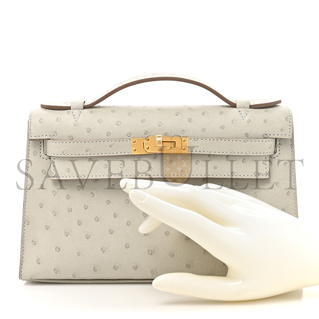 HERMÈS MASTER OSTRICH KELLY POCHETTE CLUTCH GRIS PERLE (22*14*7cm)
